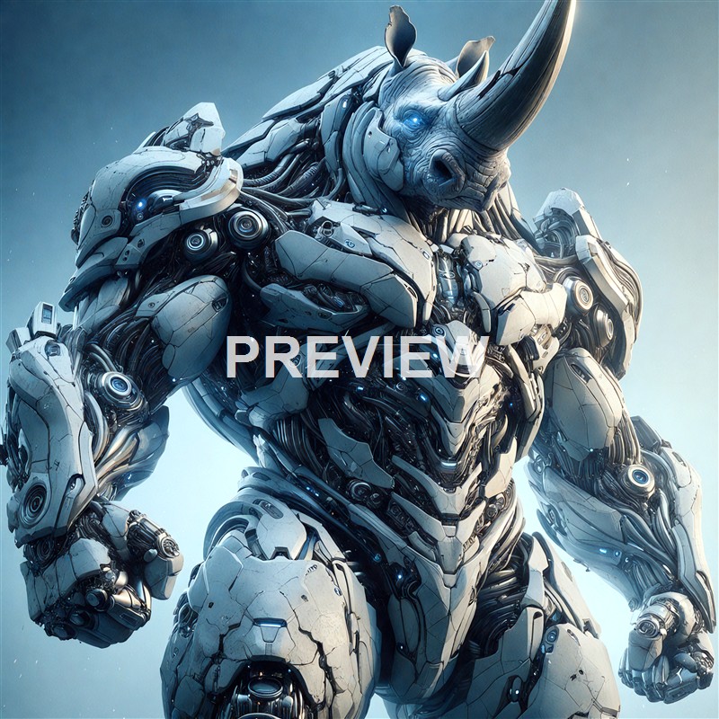 A highly detailed, futuristic robot with a rhinoceros head and body made of metallic, mechanical parts, standing against a plain background.